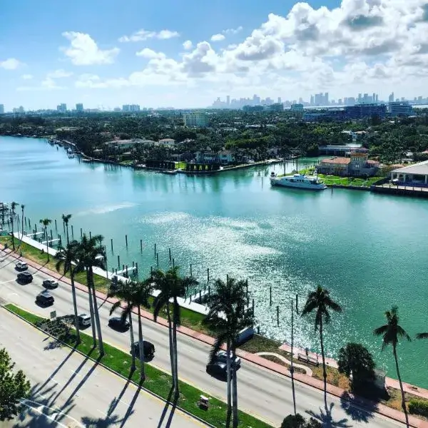 A scenic view of Miami Beach with a waterway